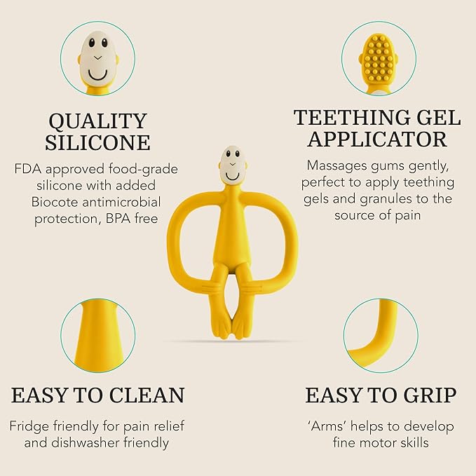 Matchstick Monkey Original Teether & Gel Applicator – Silicone Baby Teether, Easy-to-Grip, BPA-Free, Supports Self-Soothing & Early Brushing, 3 Months+, 4 Inches, Yellow
