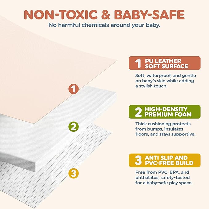 Motherly Haven Thick Baby Play Mat – 50x50x1 Rollable Foam Floor Mat for Babies, Tummy Time, Crawling & Safe Indoor Play – Waterproof, Non-Toxic & Easy to Clean – Beige