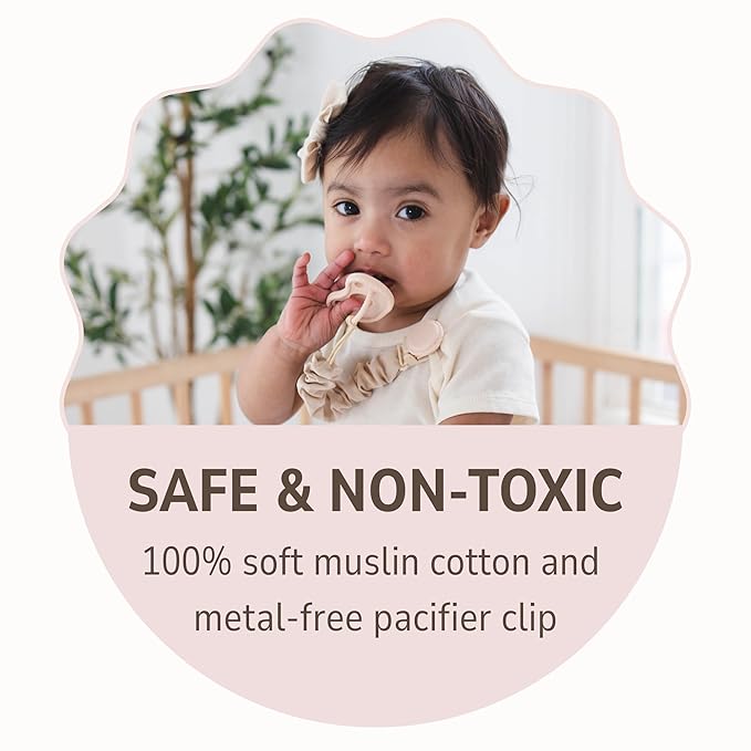 Muslin Cotton - Metal-Free Pacifier Clips, Lightweight and Secure Pacifier Holder for Babies (Beige Toile) - Mila & Lulu