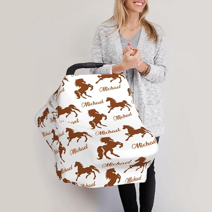 Personalized Baby Car Seat Cover for Boys Girls, Custom Horse Nursing Covers for Breastfeeding with Name, Infant Stroller Cover, Baby Carseat Canopy for Newborn, Multiuse Car Seat Canopies