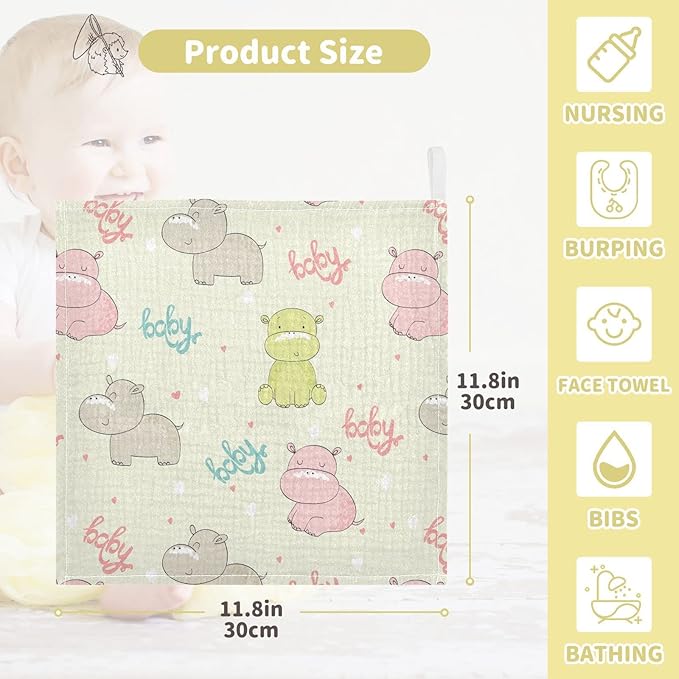 vvfelixl Baby Washcloths Cotton Cute Hippo Baby Muslin Washcloths Soft Baby Face Towel for Newborn Infants Baby Wipes, 11.8 X 11.8 Inch, 3 Pack Beige