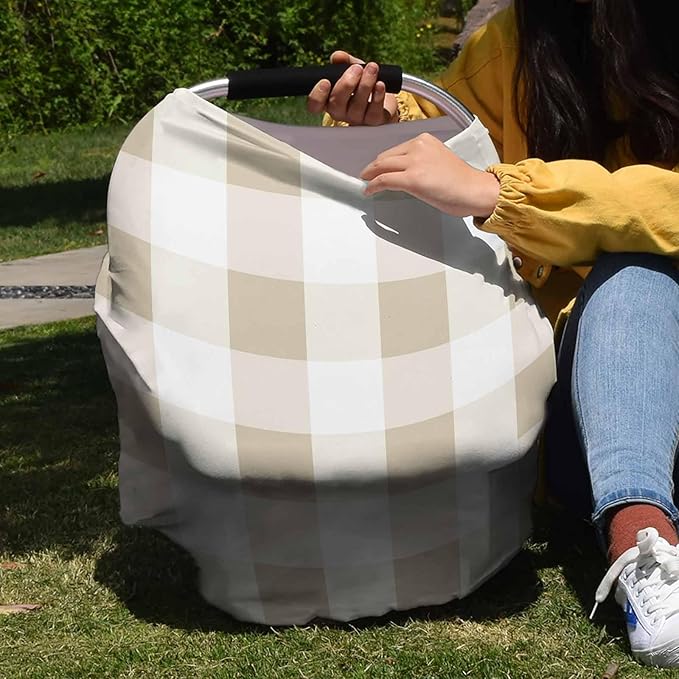 Beige White Plaid Car Seat Covers for Babies, Modern Geometric Checkered Lattice Nursing Breastfeeding Covers Stretchy Breathable Baby Carseat Canopy Cover for Girls and Boys Shower Gifts