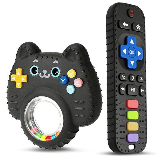 2 Pack Baby Teething Toys for Babies 3-6 6-12 12-18 Months, BPA-Free Silicone Remote Control Rattle Teether Toys, Baby Chew Toys for Teething Relief & Sucking Needs