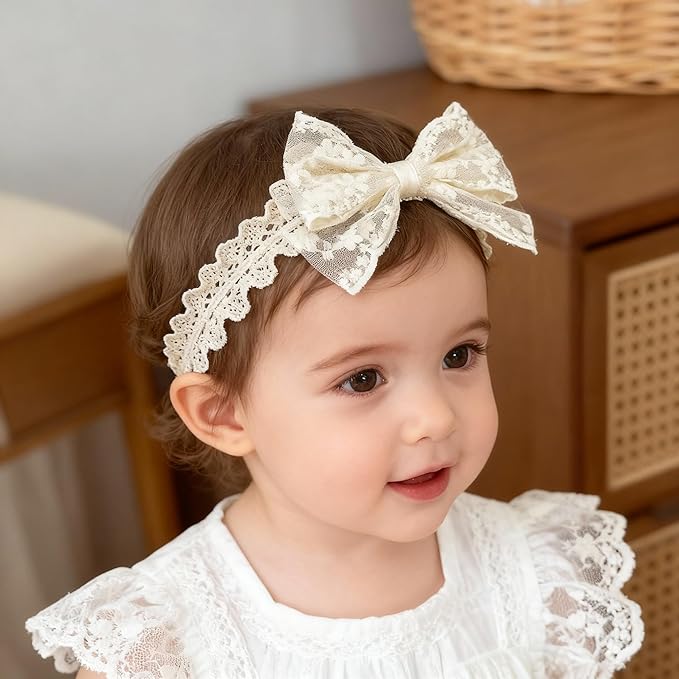 Handmade Baby Girl Headbands in Beige Baby Bows and Floral Lace Headband Bows for Newborns and Toddlers Cute Baby Girl Bows and Newborn Headband Bows