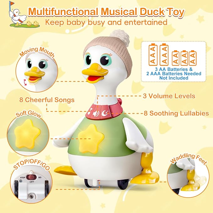 Musical Lullaby Crawling Duck Toy - Interactive Baby Toys with Waddling & Calming Lights for Tummy Time, Bedtime & Crawling Training | BPA-Free Infant Gift for 6-12 Months