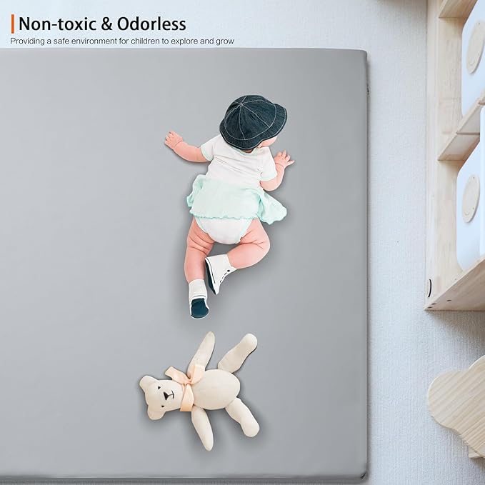 Hoohtoot Foam Play Mat for Baby: PU Leather Waterproof Kids Playmat - Gray Baby Play Mats for Floor - Thick Play Mat for Playpen Padded Playpen Mattress Soft Infant Mat for Preschool (Grey Foam mat)