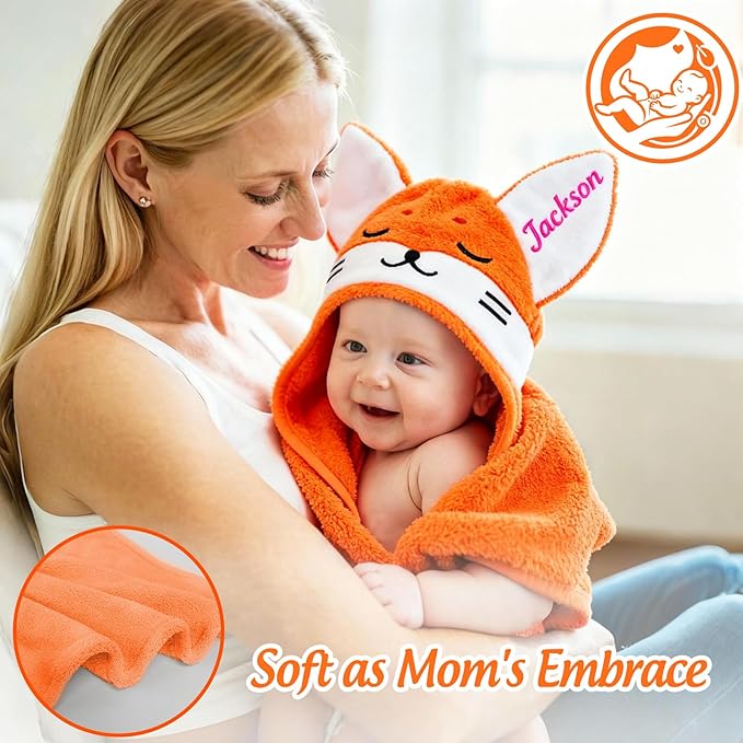 Custom Hooded Baby Towels with Name, Personalized Bunny Easter Gifts for Toddlers, Custom Baby Bath Towels for Newborn, Ultra Soft and Absorbent, Ideal for Girl Boy (Fox)