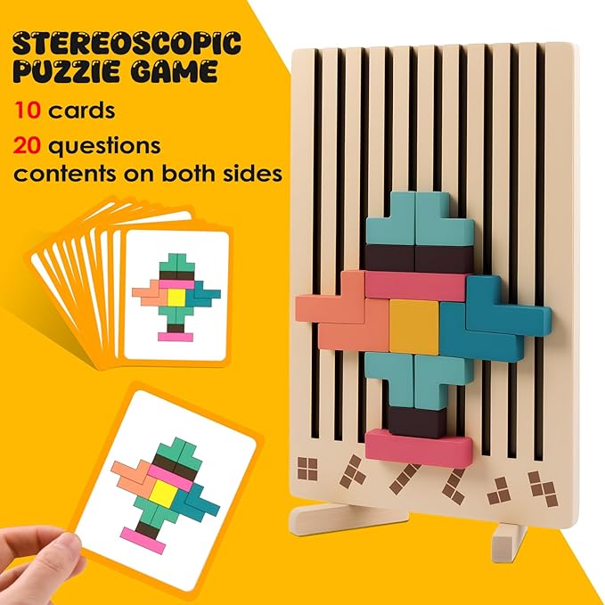 Wooden Stacking Puzzle Toy, 3D Russian Block Puzzle Jigsaw,Montessori Educational Board Game Gift for Boys and Girls, Stacking Blocks Toys for Family Brain Teaser Activity
