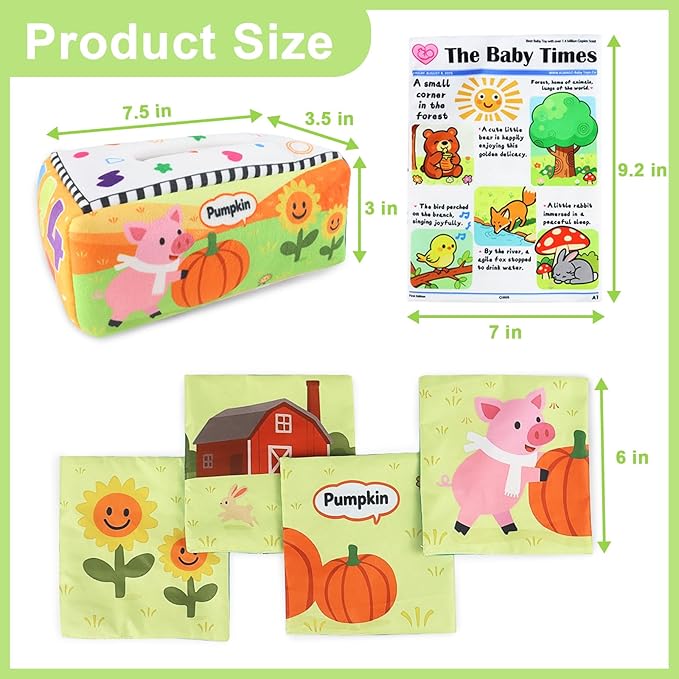 KUANGO Baby Toys 6-12 Months Tissue Box Toy, Soft Crinkle Stuffed Montessori Toys for 6 7 8 9 10 Month Old Infant Sensory Newborn Toys Baby Boys Girls Gifts