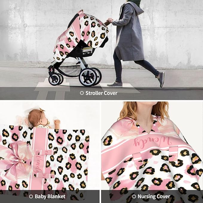 Personalized Baby Car Seat Canopy with Name, Leopard Infant Car Seat Cover, Nursing & Breastfeeding Stroller Cover, Newborn Shower Gift for Baby Girls