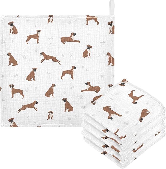 vvfelixl Baby Cotton Washcloths Boxer Dog Infants Bath Towel for Unisex Puppy Face Towels for Newborn, Natural Baby Wipes Delicate Skin, 11.8 X 11.8 inch, one sizex5