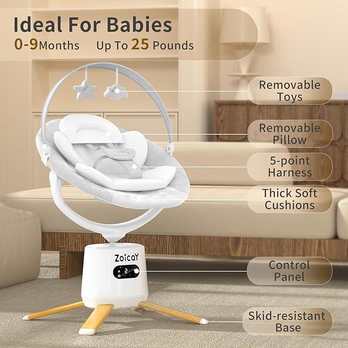 Zoicay Baby Swing with 9 Modes & 8 Speeds, Electric 3D-Motion Baby Swings for Infants, 360° Rotating Seat, APP & Remote Control, 6 Preset Lullabies, Portable Infant Swing for Indoor and Outdoor(White)