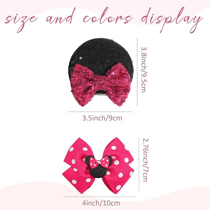 2 Pairs Rose Red Mouse Ears Hair Clips & Mouse Hair Bows Barrettes for baby Girls Accessories Birthday Party Decorations Gift