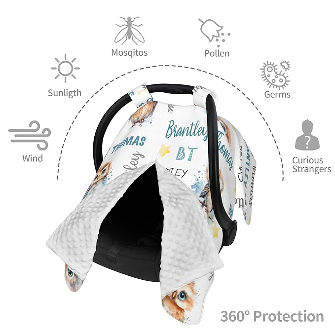 Personalized Baby Car Seat Cover Winter Custom Minky Carseat Cover Boy Girls with Name Owl Carseat Canopy Customized Car Seat Canopy Infant Carrier Covers Nursing Cover Toddler Blanket
