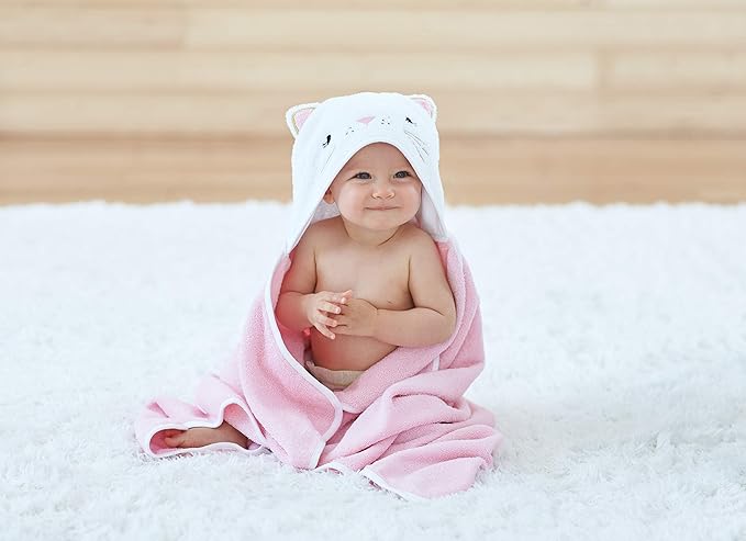 Just Born Boys and Girls Newborn Infant Baby Toddler Hooded Bath Towel, Pink Kitty, One Size