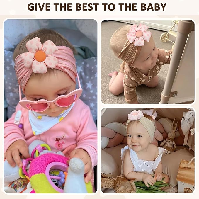 MIUXUESO 3 Pcs Baby Flower Headbands Baby Girls Nylon Headband Soft Hairbands Hair Accessories for Newborn Infant Toddler Kids (Khaki Brown Pink)