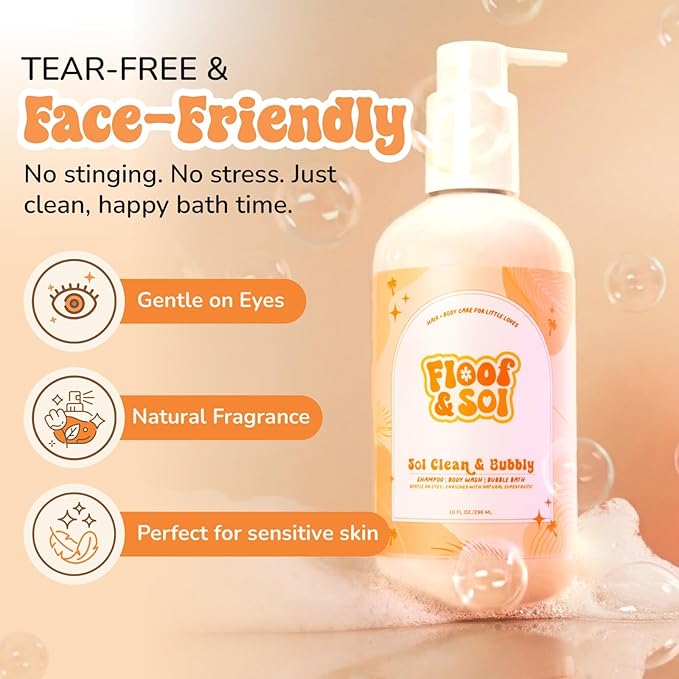 floof & sol Sol Clean & Bubbly Baby Shampoo and Body Wash 10 oz – Tear-Free Head-to-Toe Cleanser for Newborns, Kids & Toddlers with Avocado Oil & Superfruit Extracts