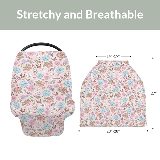 Vintage Wildflowers Baby Car Seat Covers Pink Floral Leaves Mushroom Butterflies Stretchy 5-in-1 Cover Adjustable Car Canopy Breastfeeding Cover Spring Garden Breathable Nursing Cover-Up