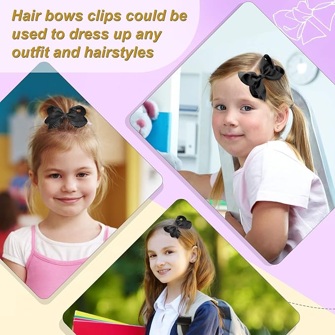20Pcs 4" Hair Bows,Grosgrain Ribbon Solid Color Hair Bow with Alligator Clips,Hand-made Toddler Black Bows Hair Accessories for Girls Kids Children Little Teen (Black)