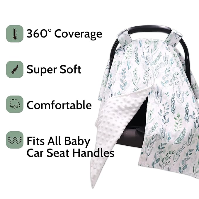 DILIMI Car Seat Covers for Babies, Peekaboo Opening Infant Car Seat Canopy for Baby Boys Girls, 2 in 1 Mom Nursing Breastfeeding Covers, Minky Warm Carseat Canopy for Newborn, Green Leaf