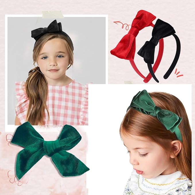 Velvet Green Bow Headband & 2 Pcs 4 Inch Hair Bows Set, Black School Hair Accessories for Little Toddler School Girls (Velvet Green)
