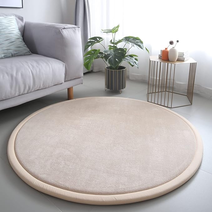 Loartee Thick Kids Round Rug - Coral Velvet Area Rugs, Memory Foam Circular Carpet for Nursery Playroom Home Decor Dormitory, Diameter 55 inch, Brown