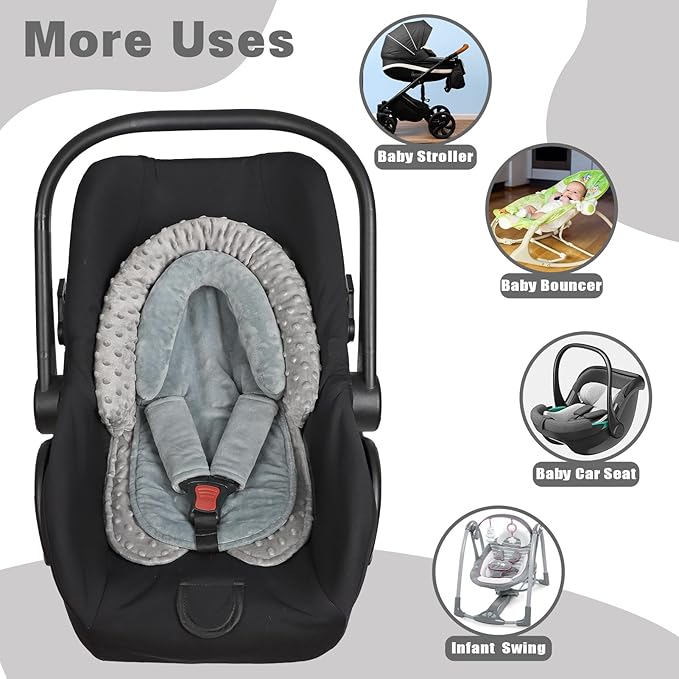 Infant Car Seat Insert, Baby Car Seat Head & Body Support with 2 Straps Pads, Ultra Soft Newborn Preemie Carseat Insert Cushion for Girls Boys, Fits Car Seat, Stroller, Swing, Bouncer, Grey