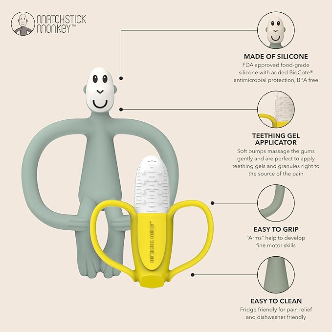 Matchstick Monkey Teething Gift Set for Babies – Includes Banana Soother & Monkey Teether, Easy-to-Grip BPA-Free Silicone for Teething Relief & Oral Development, 3 Months+, Mint Green