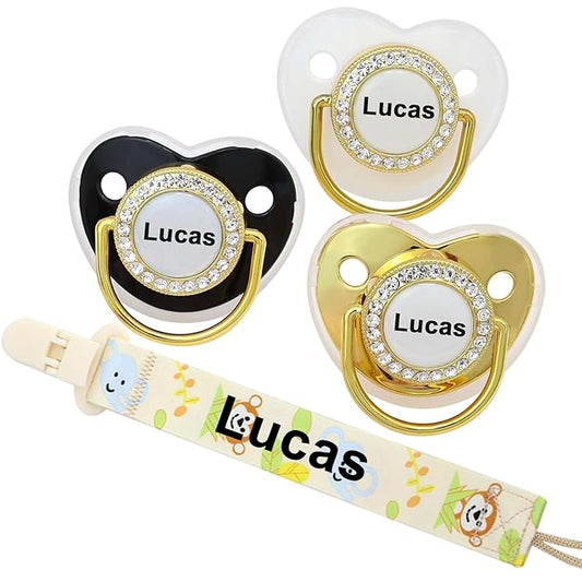 4Pcs, Personalized Pacifier with Name, Custom Pacifier Clip, Baby Gift for Newborn Boys and Girls, Baby Accessory Baby Stuff with Name (0-6 Months) (Golden)