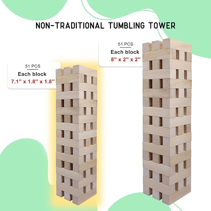 GOTHINK Giant Tumbling Tower Game, Super Large 51pcs Wooden Blocks Stacking Game, Stacking Up to 5.5 Feet, Timber Blocks with Carry Bag, Jumbo Blocks Outdoor Indoor Game Toy Gift for Kids and Adults