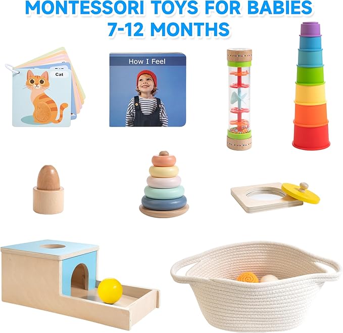 WOODMAM Montessori Toys for Babies 7-12 Months, 9 in 1 Educational Wooden Toys Set, Includes Object Permanent Box, Stacking Cups, Mirror Puzzle, Ring Stacker and More