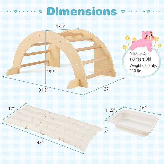 Costzon Wooden Arch Sensory Table for Kids, 6-in-1 Toddler Indoor Montessori Climbing Toys with Cushion, Foldable Storage Bin, Arch Climber Ladder Learning Playset for Kids Gift Presents