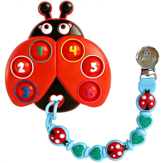BIGSPINACH Teething Toy & Pacifier Clip Set,Ladybug Pop-It Teether & Pacifier Hold,Multi-Textured Chew Toy with Number Buttons for Early Learning, Baby Teething Relief (Red+Blue)