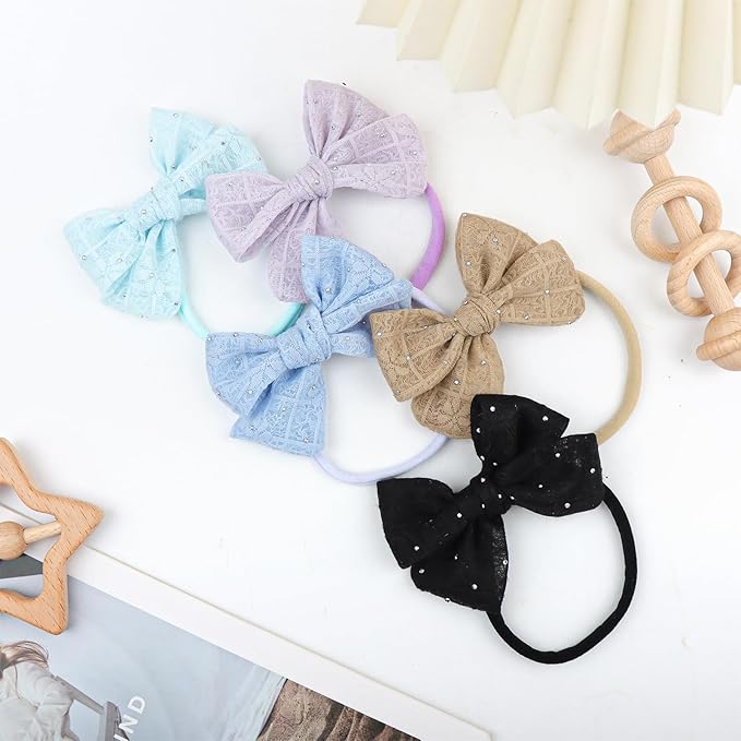 YanJie 10Pcs Soft Lace Baby Bows Sparkly Girls Headbands with Rhinestones Baby Girl Hair Accessories for Newborn Infant Toddler Kids 4.5’’ Bow