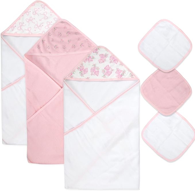 Hooded Baby Bath Towel and Washcloth 6 Piece Set for Newborns, Infants & Toddlers, Boys & Girls Baby Hooded Towels Set (Pink Bows and Flowers)