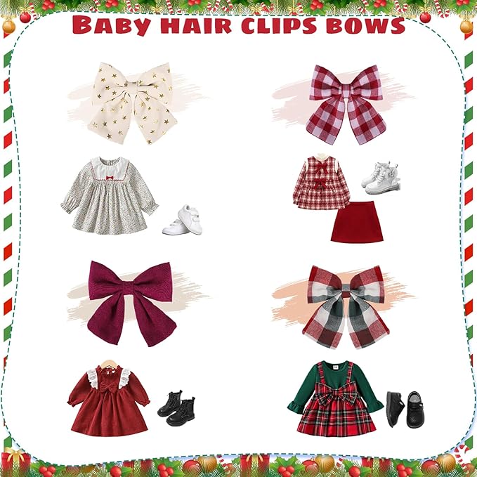 Obeoby Hair Bows with Hair Clips for Girls Toddlers, 8 Pcs Handmade 5" Floral Hair Accessories Red Bow for Kids 2-12 years Stocking Stuffers Christmas Gifts for Baby Teens Birthday School Party