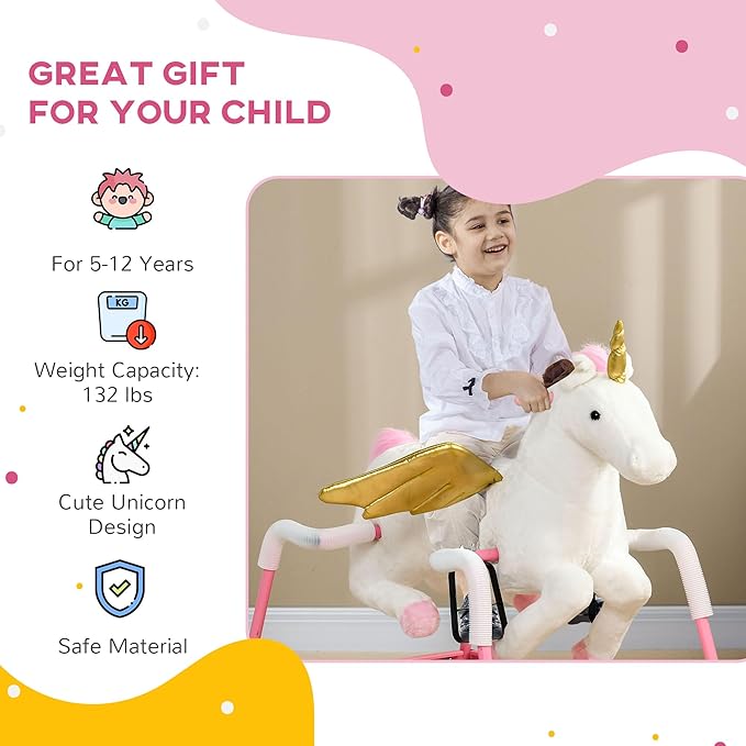 Qaba Kids Spring Rocking Horse Unicon, Ride on Horse for Girls and Boys with Animal Sounds, Plush Animal Ride-on Toy with Soft Feel, Interactive Toy for Kids, Pink