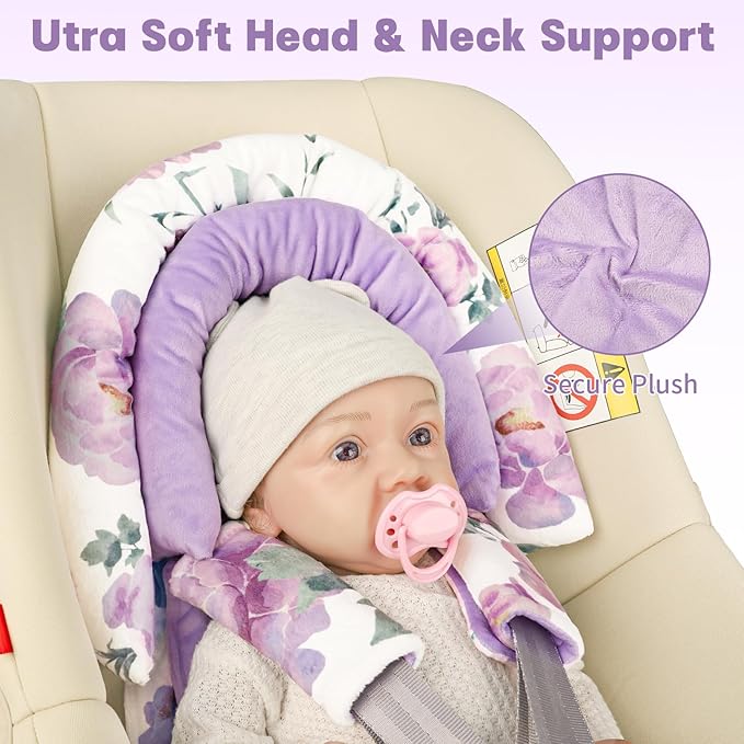 Infant Car Seat Insert, Baby Car Seat Head & Body Support with Strap Pads, Soft Newborn Preemie Carseat Insert Cushion for Girls Boys, Fits Carseat, Stroller, Swing, Bouncer, Purple Floral