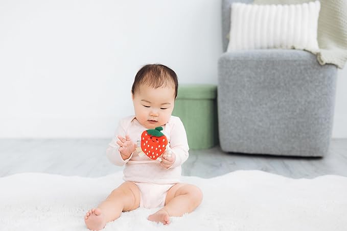 Pearhead Strawberry Baby Teether – Soft Plush Sensory Toy with BPA-Free Silicone Beaded Ring & Crinkle Sound, Soothes Teething Pain, Newborn Essentials for Boys and Girls, 0+ Months