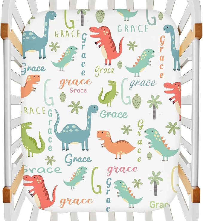 Customized Dinosaur Pack and Play Sheets for Baby Boys, Personalized Mini Crib Mattress Sheets with Monogram Name, Pack n Play Playard Fitted Sheet Playpen Sheet, Soft Breathable Stretchy