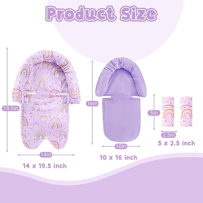 Infant Car Seat Insert with 2 Strap Pads, Carseat Cushion Baby Boy & Girl, Soft and Comfortable Carseat Head Support for Newborn, Purple Rainbow
