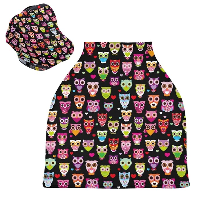 Cute Colourfull Owl Baby Car Seat Covers, Nursing Cover Breastfeeding Scarf Soft Breathable Stretchy Coverage, Infant Stroller Cover for Boys Girls