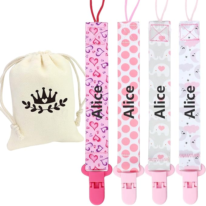 Customized Pacifier Clip with Name, 4 Pack Stylish Personalized Baby Pacifier Clip-Fits Most Pacifiers, Custom Baby Gifts