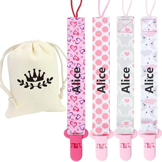 Customized Pacifier Clip with Name, 4 Pack Stylish Personalized Baby Pacifier Clip-Fits Most Pacifiers, Custom Baby Gifts
