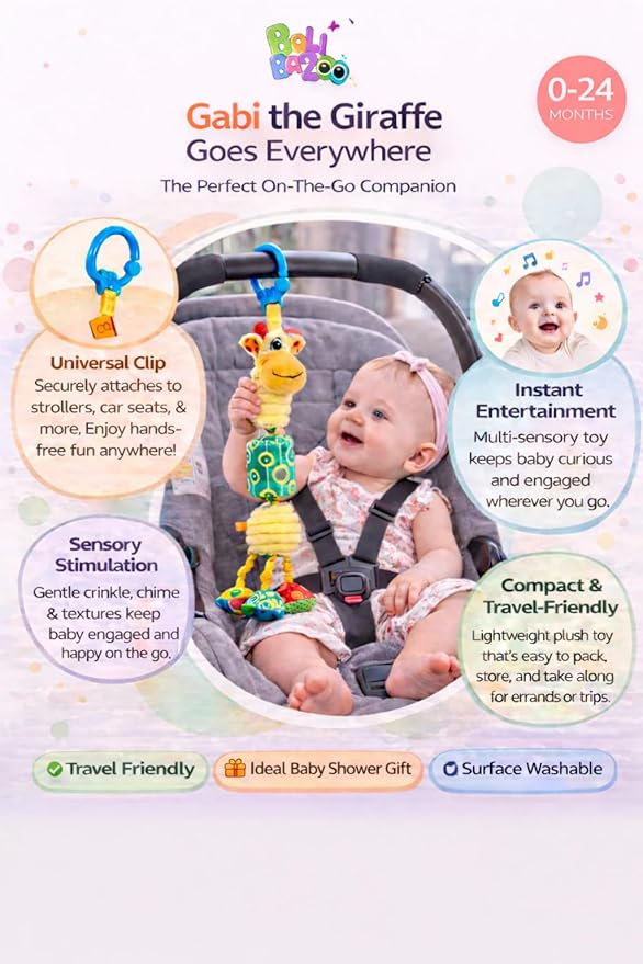 Balibazoo Gabi The Giraffe Hanging Baby Toy for 0-24M - 360° Rotating Neck | Deep Chime, Crinkle, Rattle, BPA-Free Material | Clip for Stroller, Car Seat | Soft Plush Sensory Newborn Gift