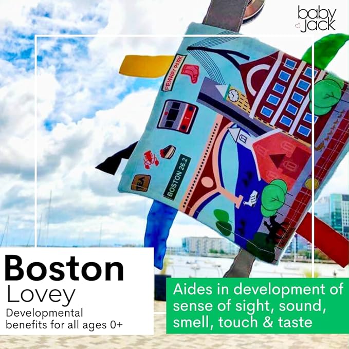 Baby Jack & Co 8x8” Learning Lovey Boston Massachusetts Tag Toys for Babies - Baby Crinkle Toys - Soft & Safe - Learn USA Cities and Shapes - Ideal Baby Toy & Gift BPA Free w/Stroller Clip