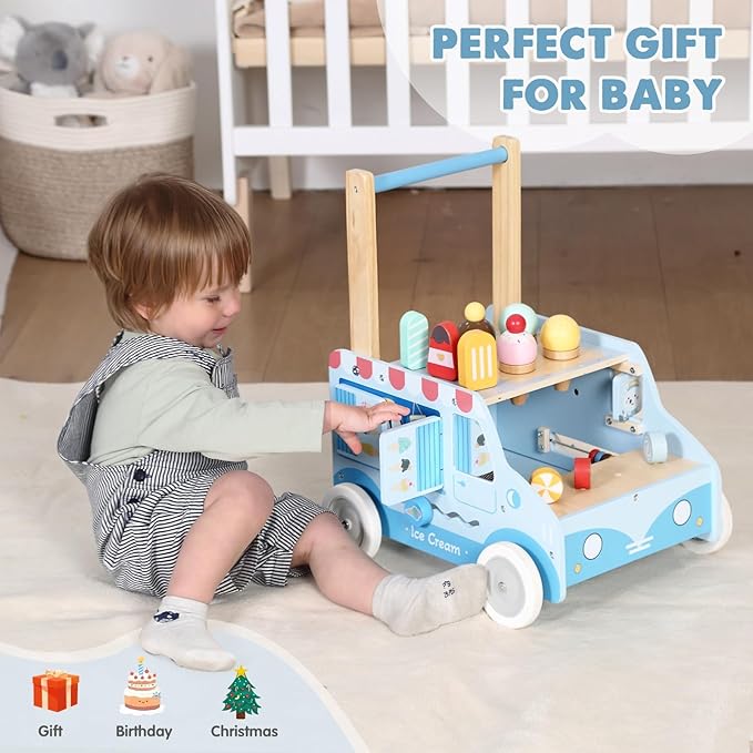 labebe Baby Push Walker, Wooden Activity Walker for Boys Girls 12M+, Push Walker Toy for Kids Learning to Walk, Adjustable Speed Learning Walking with Wheels, Birthday Gift for Babies Ages 1-3 (Blue)