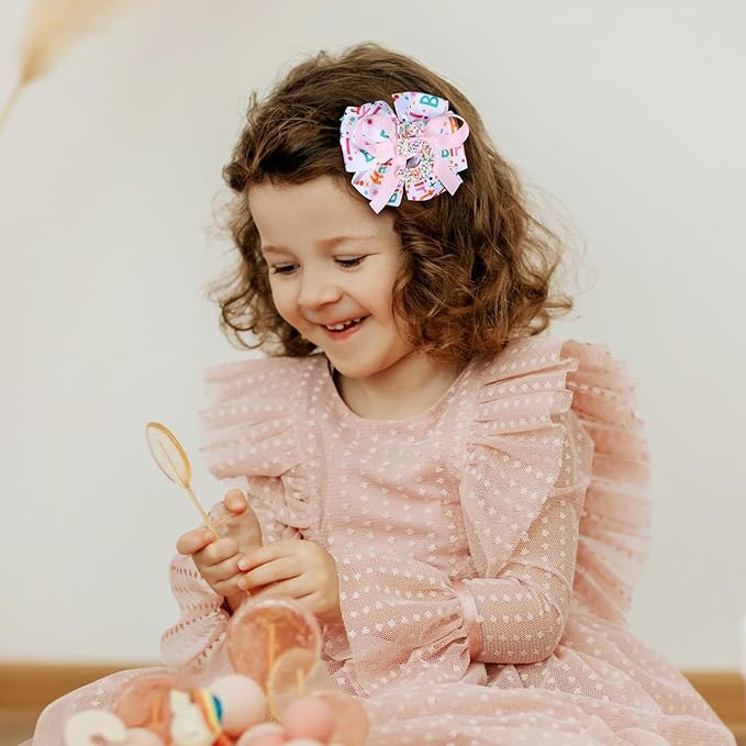 3.5in Glittery Happy Birthday Ribbon Hair Bow Clips for Teens Toddler Girls Pink Sprinkle Confetti Ice Cream Party Dress Pigtail Decoration Accessories for Kids 5th Birthday
