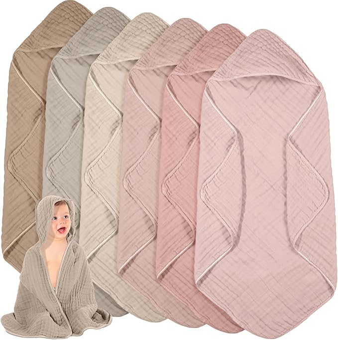 Peryiter 6 Pcs Muslin Hooded Baby Towels, 32"x 32" Cotton Newborn Bath Towel Muslin Infant Baby Blankets Absorbent Unisex Newborn Registry Gift Essentials for Girls Boys (Brown and Pink Series)