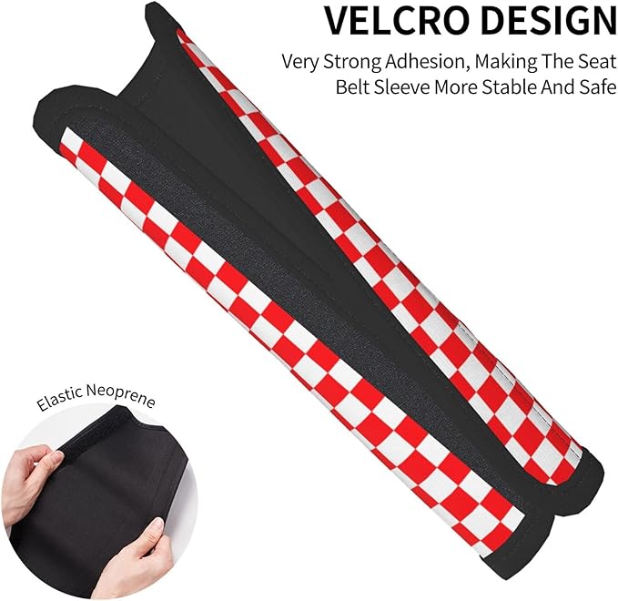 Red White Checkered Print Seatbelt Pads Fits Cars Trucks SUV Sedans Sweat Absorption Car Seatbelt Strap Cover, Simple Style Auto Interior Accessories Protector